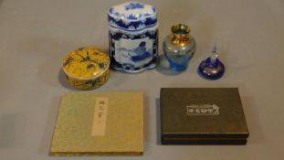 Two Chinese stylised boxed sets of bookmarks together with a collection of ceramics and a glass