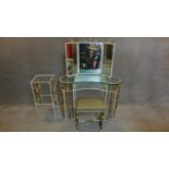 A mid 20th century wrought iron and gilt dressing table set to include kidney shaped dressing table,