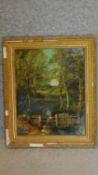 A 19th century gilt framed oil on board, figure at a gate in a woddland setting. 46x39cm