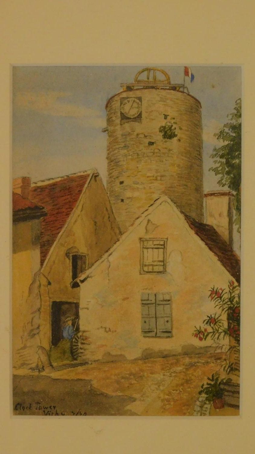 Three framed and glazed watercolours: street scene, a continental castle and farm buildings. 39x29cm - Image 4 of 7