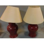 A pair of large bulbous form table lamps with shades. H.85cm