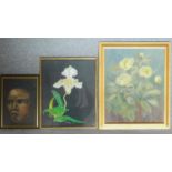 A framed oil, still life flowers, another similar and a portrait. 58x48cm