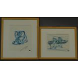 Two framed and glazed pencil drawings by Mike Royer, Pluto and Chipmunks. 44x49cm