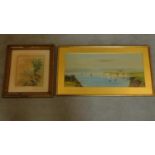 A framed and glazed watercolour, coastal scene and a watercolour, country landscape. 36x64cm (