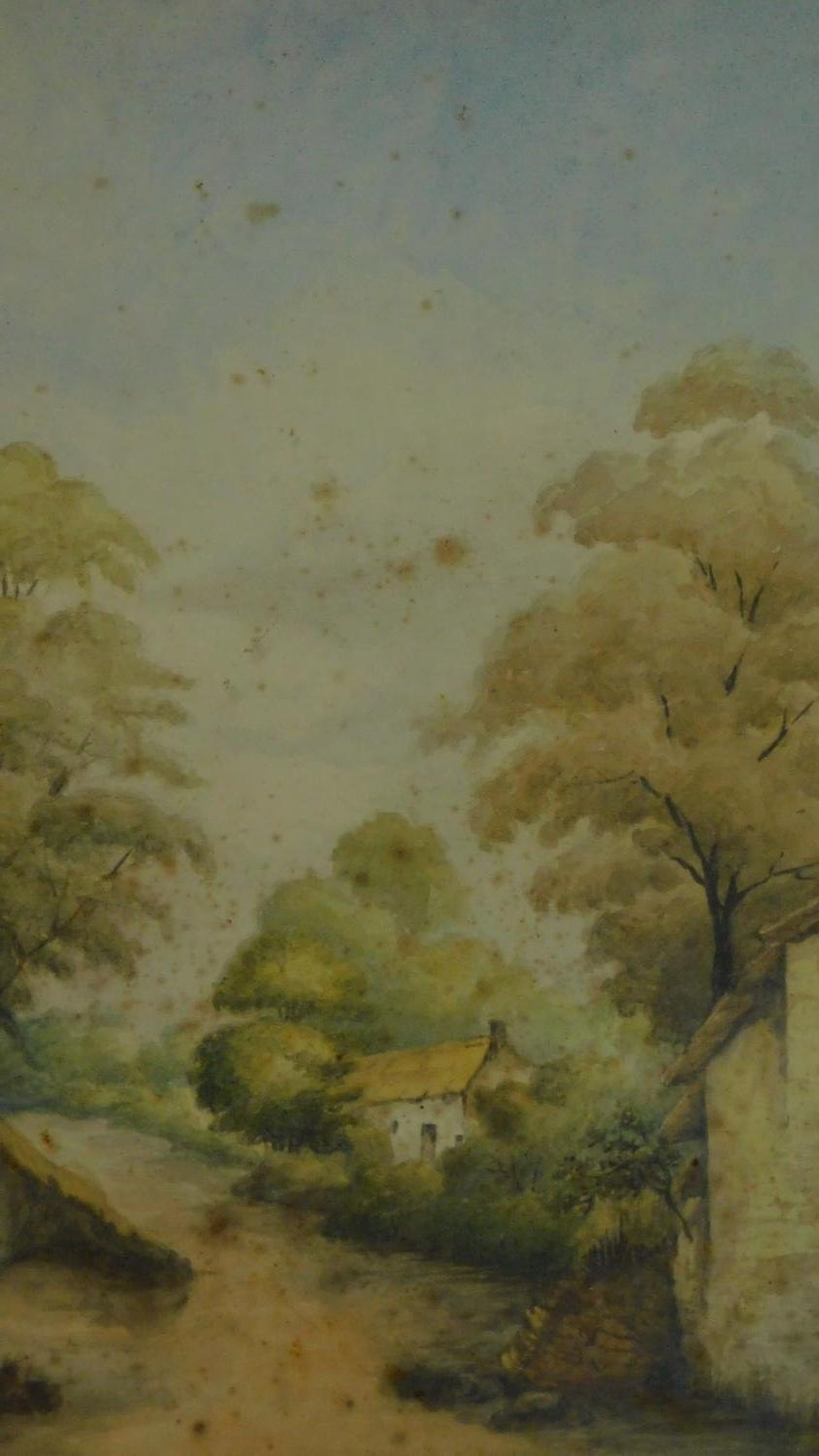 A 19th century framed and glazed watercolour country landscape and a framed pen and ink drawing. - Image 5 of 7