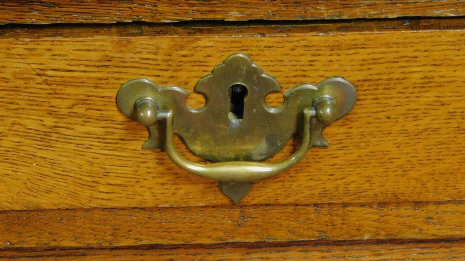 A Victorian oak partners desk with original tooled leather top above frieze drawers and pedestal - Image 8 of 8