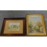 A 19th century framed and glazed watercolour country landscape and a framed pen and ink drawing.