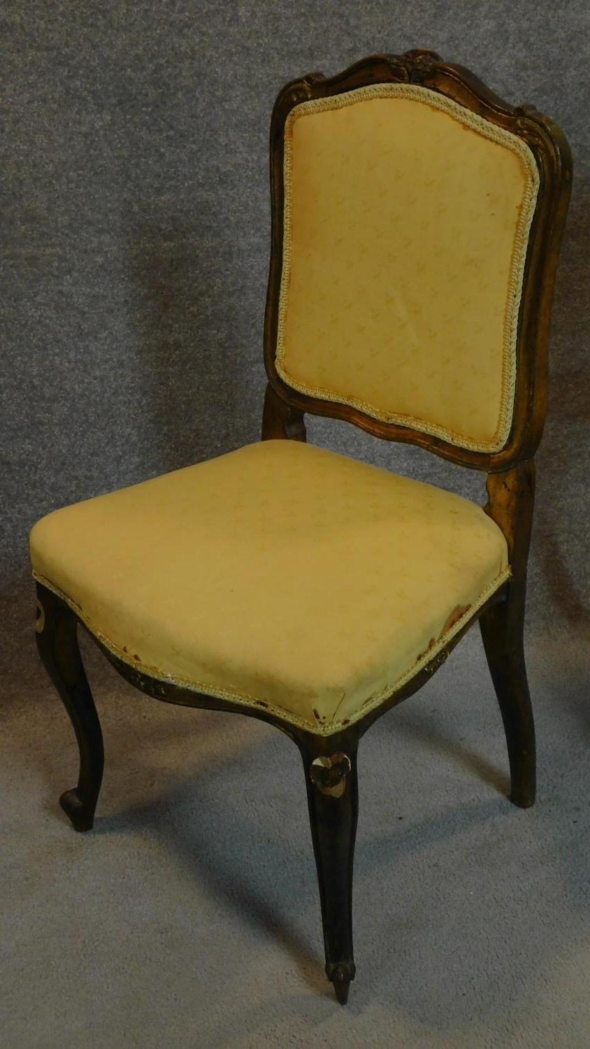 A set of six 19th century gilt framed lemon upholstered dining chairs on carved cabriole supports. - Image 2 of 7