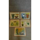 A set of five framed and glazed watercolours, still lifes, Monica Petzal. 44x34cm