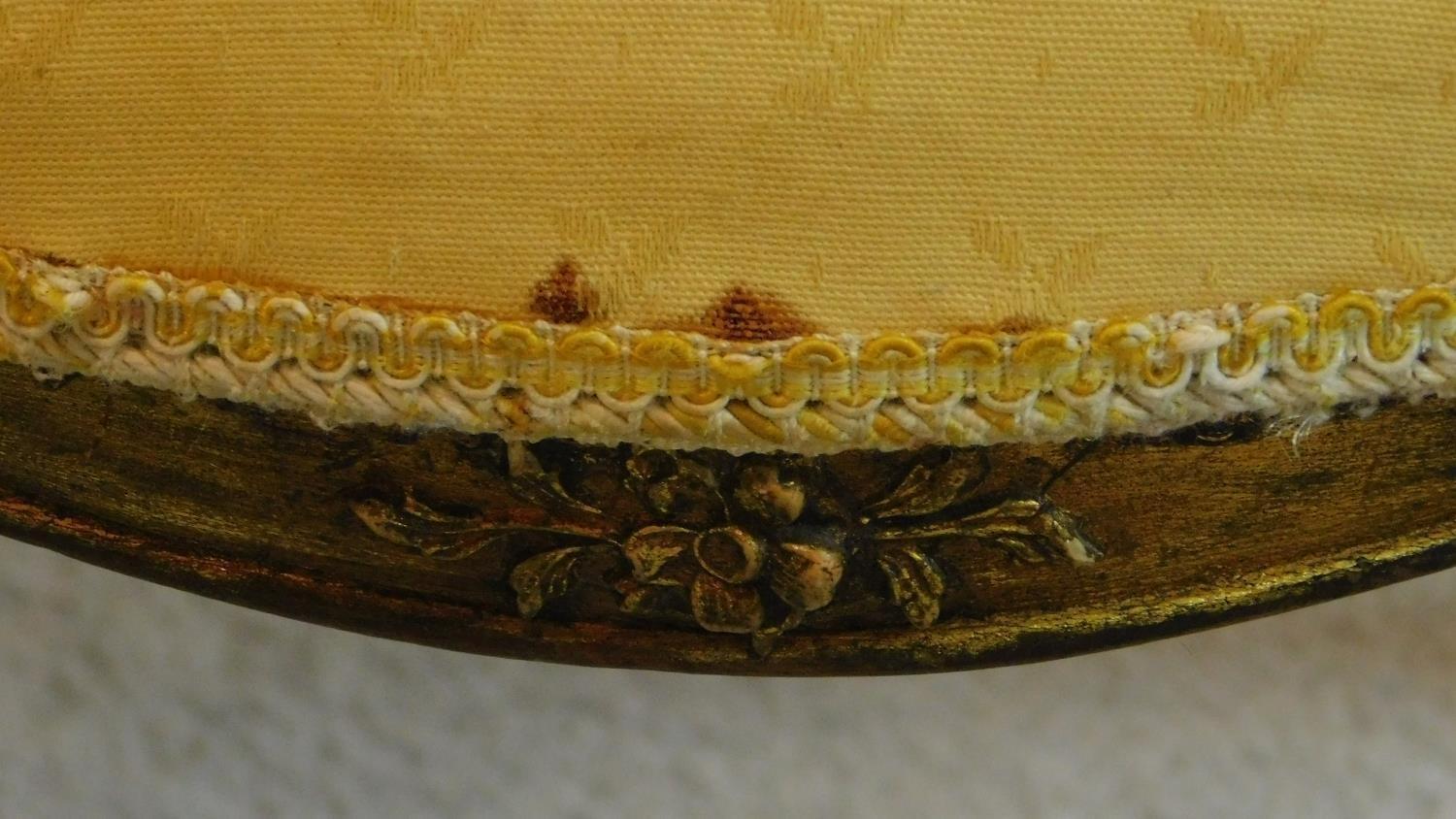 A set of six 19th century gilt framed lemon upholstered dining chairs on carved cabriole supports. - Image 3 of 7