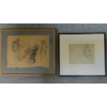 A framed and glazed pencil sketch, figural group and another of a horses head. 43x37cm (largest)