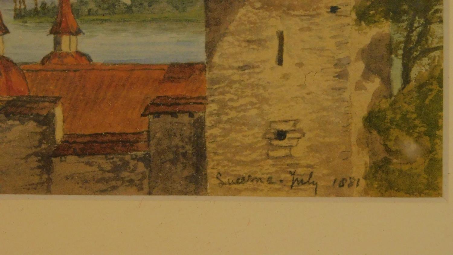 Three framed and glazed watercolours: street scene, a continental castle and farm buildings. 39x29cm - Image 3 of 7