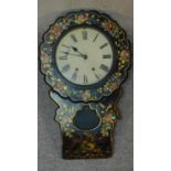 A Victorian ebonised wall clock with allover painted bird and flower decoration 80x50cm