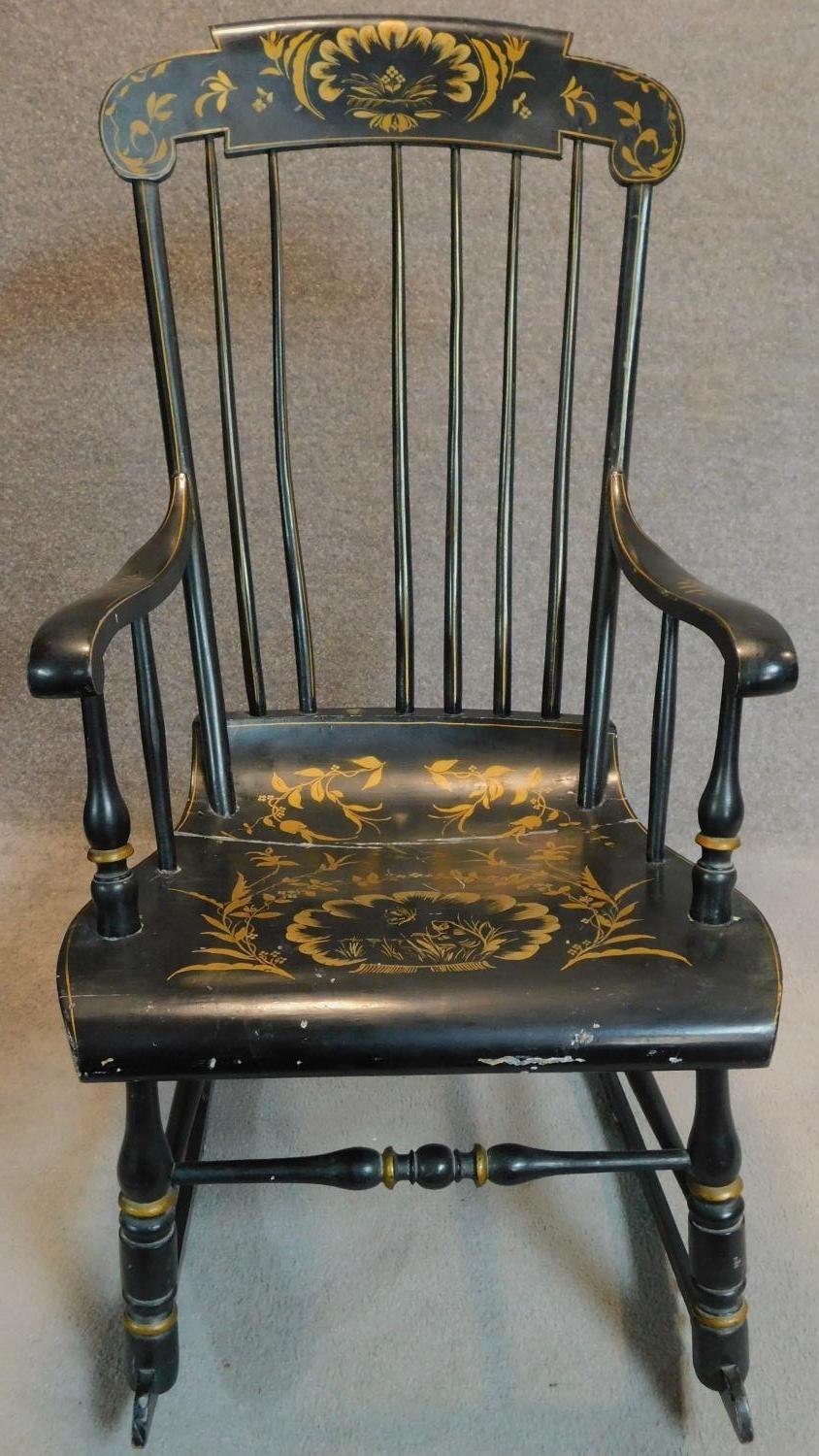 A 19th century ebonised and gilt painted rocking chair. H.113cm - Image 2 of 8