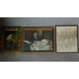 Two gilt framed oil paintings, rabbi and a framed and glazed pencil sketch. 31x40cm (largest)