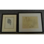 A framed and glazed pencil sketch of a farmyard scene with inscription to the back, (possibly from