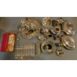 A large collection of miscellaneous silver plated items to include two 19th century tureens and