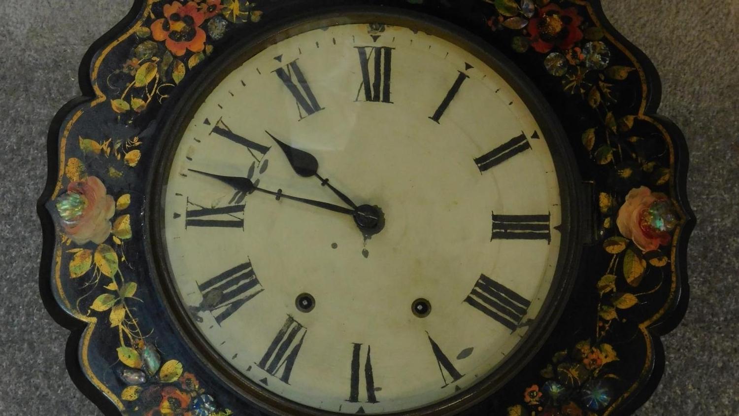 A Victorian ebonised wall clock with allover painted bird and flower decoration 80x50cm - Image 4 of 7