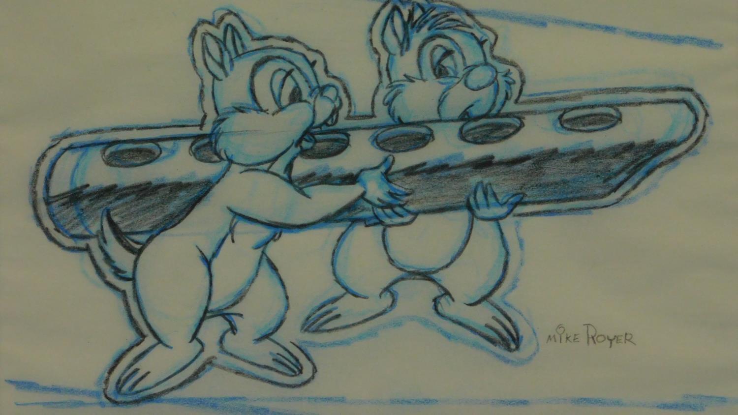 Two framed and glazed pencil drawings by Mike Royer, Pluto and Chipmunks. 44x49cm - Image 6 of 8