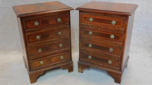 A pair of Georgian style mahogany and boxwood strung small chests of four drawers. H.60 W.44 D.34cm