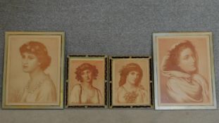 A pair of framed and glazed prints and another smaller similar pair, pre raphaelite portraits.