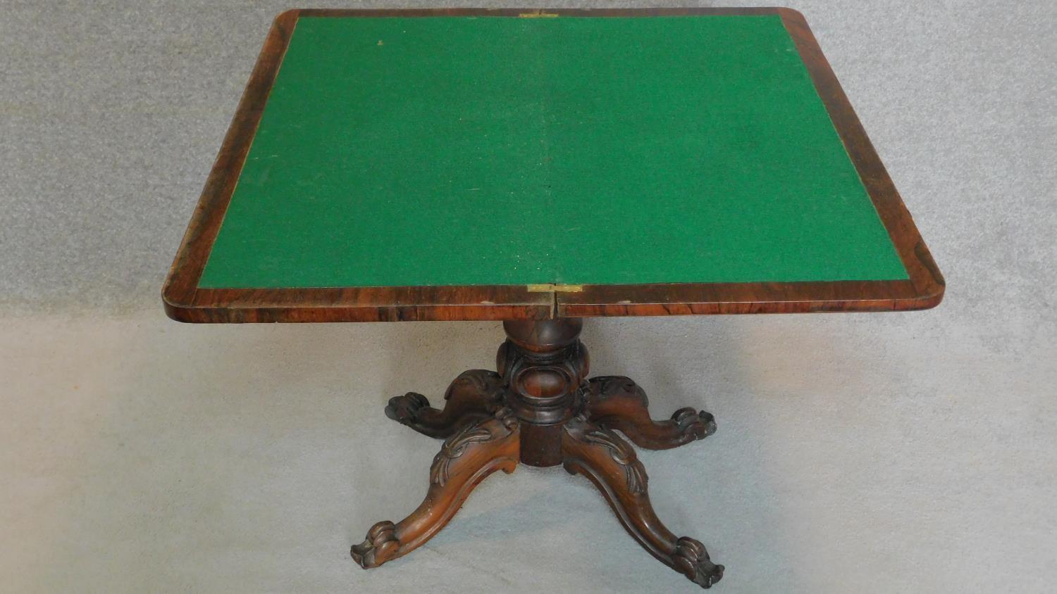 A Victorian rosewood card table on carved bulbous base on quadruped cabriole supports. H.74 W.92 D. - Image 7 of 8