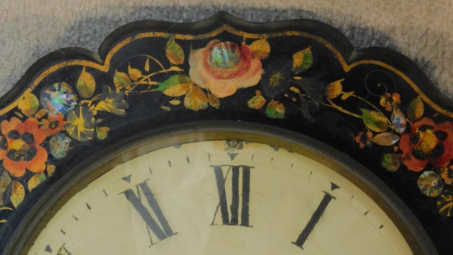 A Victorian ebonised wall clock with allover painted bird and flower decoration 80x50cm - Image 3 of 7