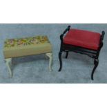 An Edwardian piano stool with lift up lid and a footstool with needlepoint upholstery. H.54 W.50 D.