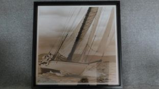 A large framed and glazed photographic copy, vintage sailing yacht, signed. 107x107cm