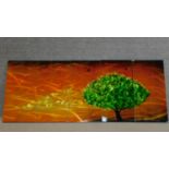 A set of five decorative lacquered panels, together depicting a green tree against an orange sky.