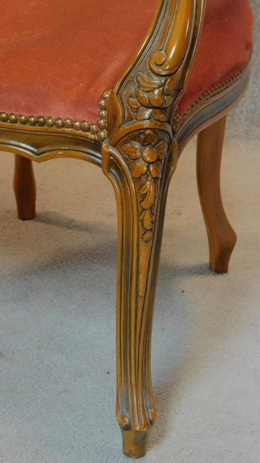 A pair of French carved beech framed open armchairs in blush upholstery on cabriole supports. H.96cm - Image 5 of 8