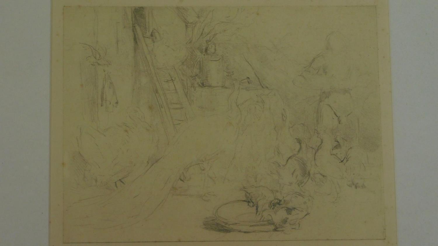 A framed and glazed pencil sketch of a farmyard scene with inscription to the back, (possibly from - Image 3 of 4