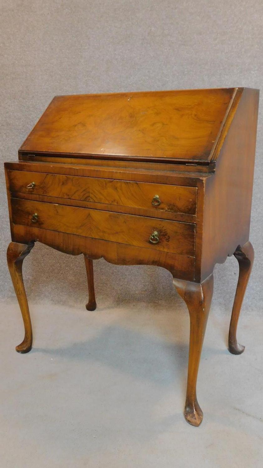 A mid Georgian style burr walnut bureau with fall front enclosing a fitted interior on cabriole - Image 4 of 4