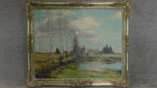 A large framed oil on canvas, silver birch in a rural setting, signed C. Schaette. 97x117cm