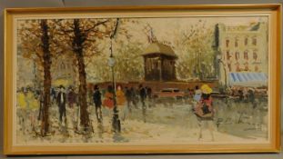 A large framed oil on board, Parisian street scene, indistinctly signed. 129x69cm