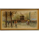 A large framed oil on board, Parisian street scene, indistinctly signed. 129x69cm