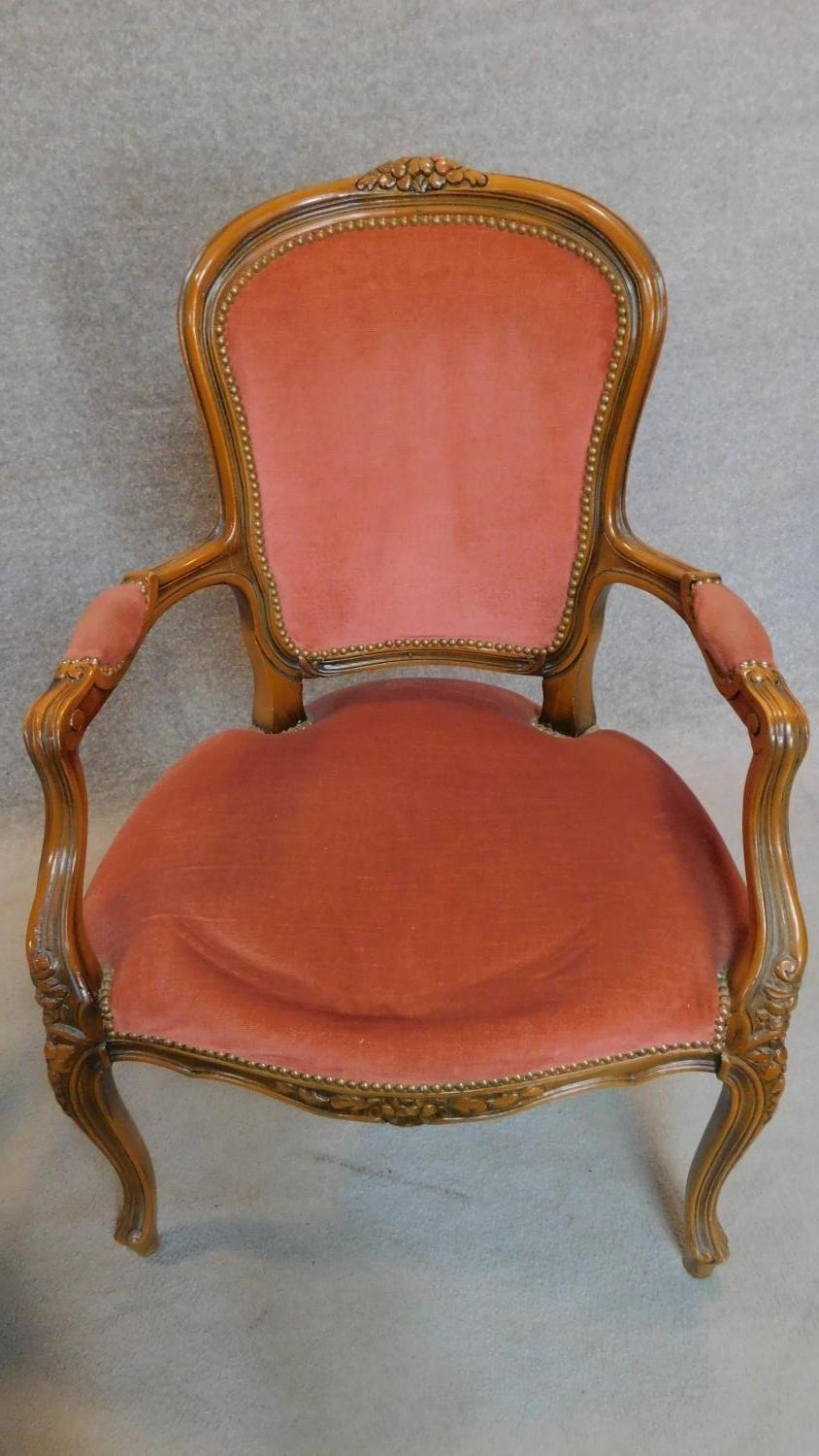 A pair of French carved beech framed open armchairs in blush upholstery on cabriole supports. H.96cm - Image 3 of 8