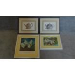 A pair of framed and glazed prints of Wedgwood tea pots and two Joaquin Sorolla prints. 54x48cm