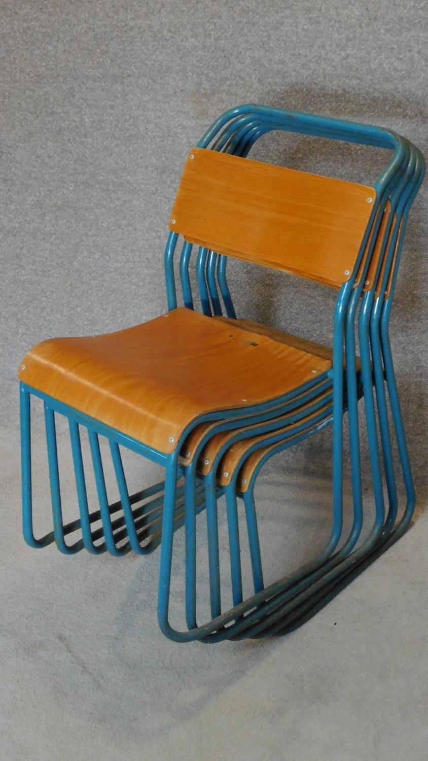 Five vintage 1950's plywood and metal stacking chairs. H.90cm - Image 6 of 6