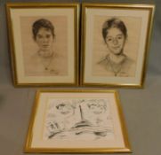 Two framed and glazed portrait pencil sketches and a framed caricature. 55x46cm