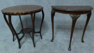 An Edwardian walnut centre table and demi lune side table. H.74cm
