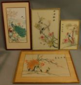 Three Chinese framed silk embroidered bird studies and a framed print on silk of a peacock.