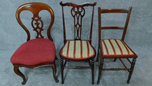 A Victorian mahogany balloon back dining chair and two Edwardian chairs H.88cm