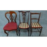 A Victorian mahogany balloon back dining chair and two Edwardian chairs H.88cm