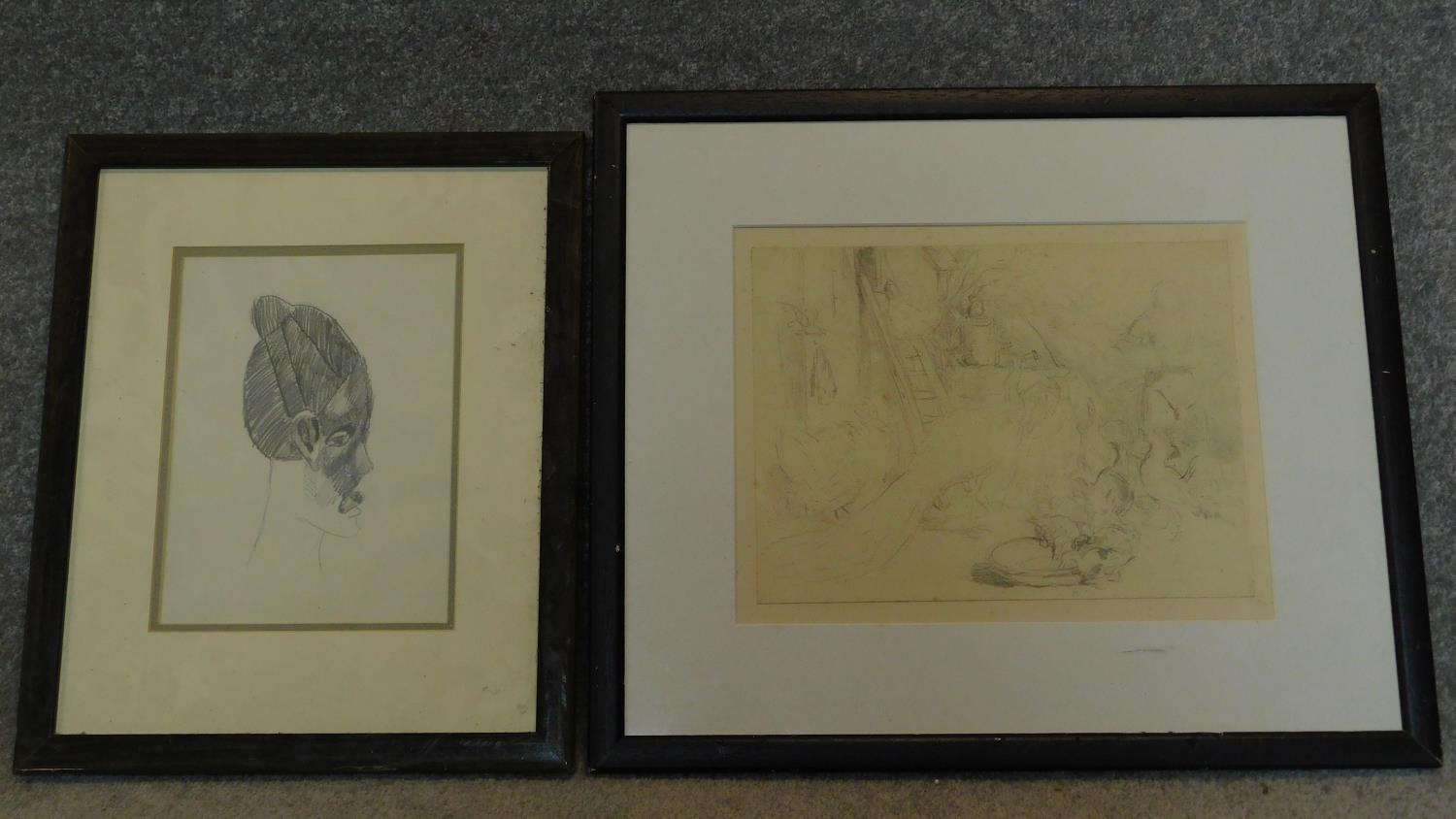 A framed and glazed pencil sketch of a farmyard scene with inscription to the back, (possibly from