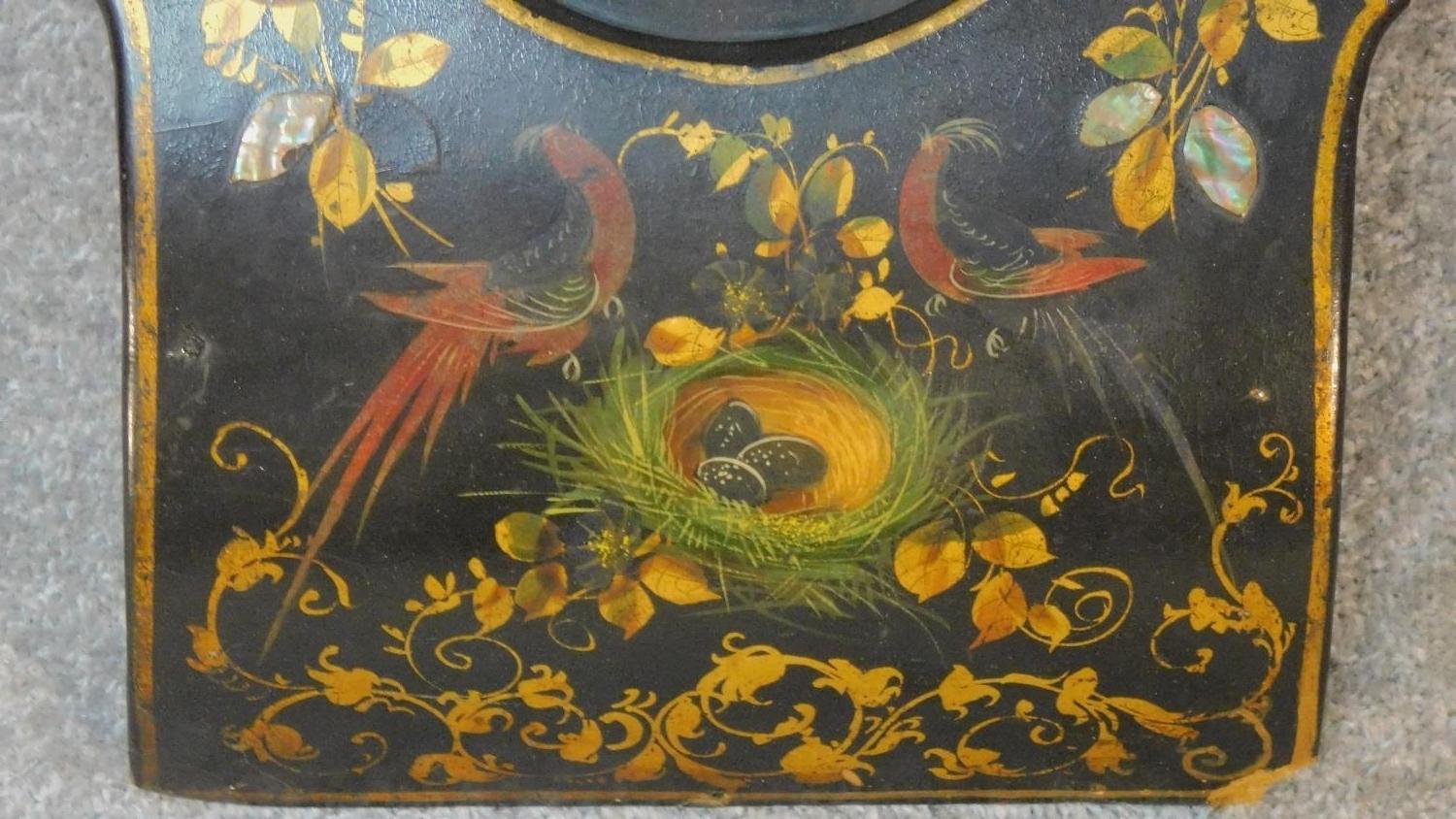 A Victorian ebonised wall clock with allover painted bird and flower decoration 80x50cm - Image 2 of 7