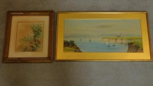 A framed and glazed watercolour, coastal scene and a watercolour, country landscape. 36x64cm (