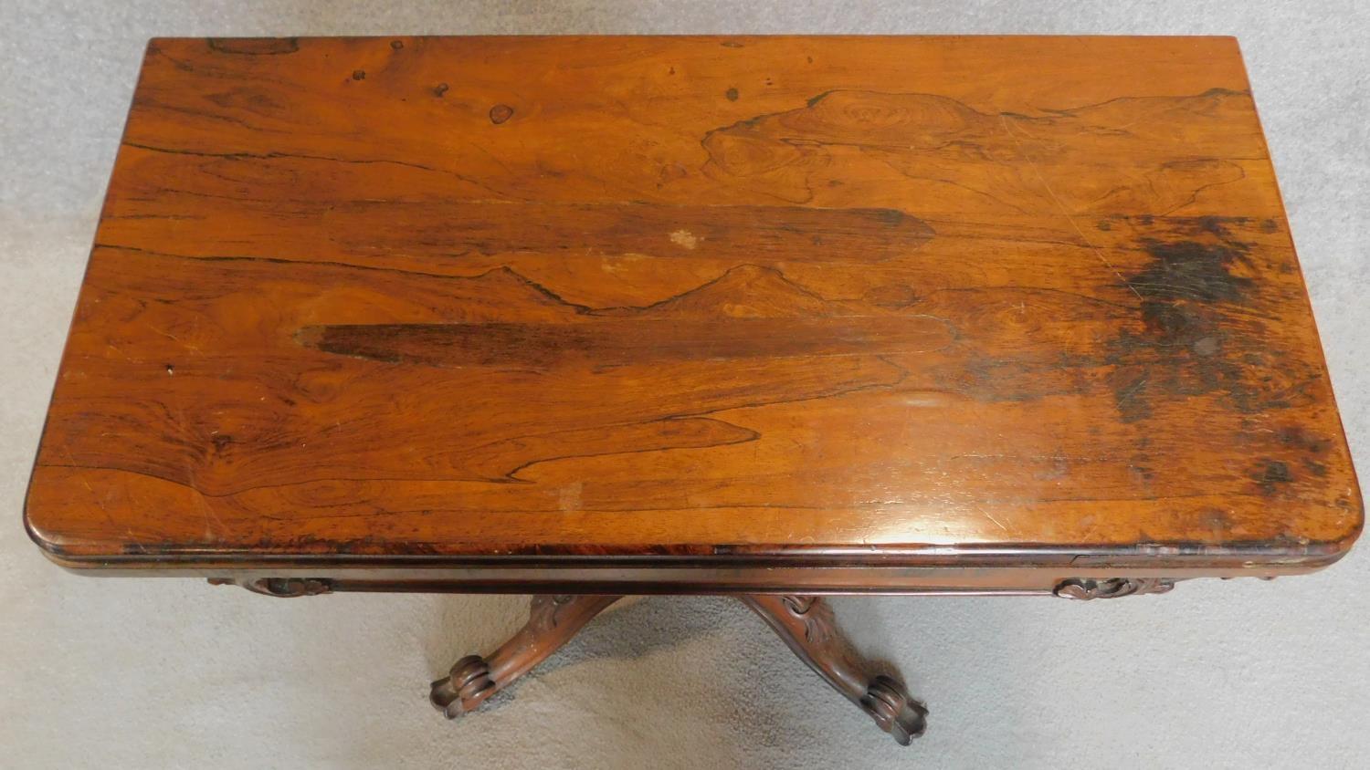 A Victorian rosewood card table on carved bulbous base on quadruped cabriole supports. H.74 W.92 D. - Image 8 of 8