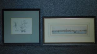 A glazed and framed pen and ink sketch and a watercolour of a Venetian scene. 36x34cm
