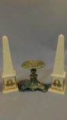 A pair of alabaster and gilt obelisks and a brass tazza. H.39 (tallest)